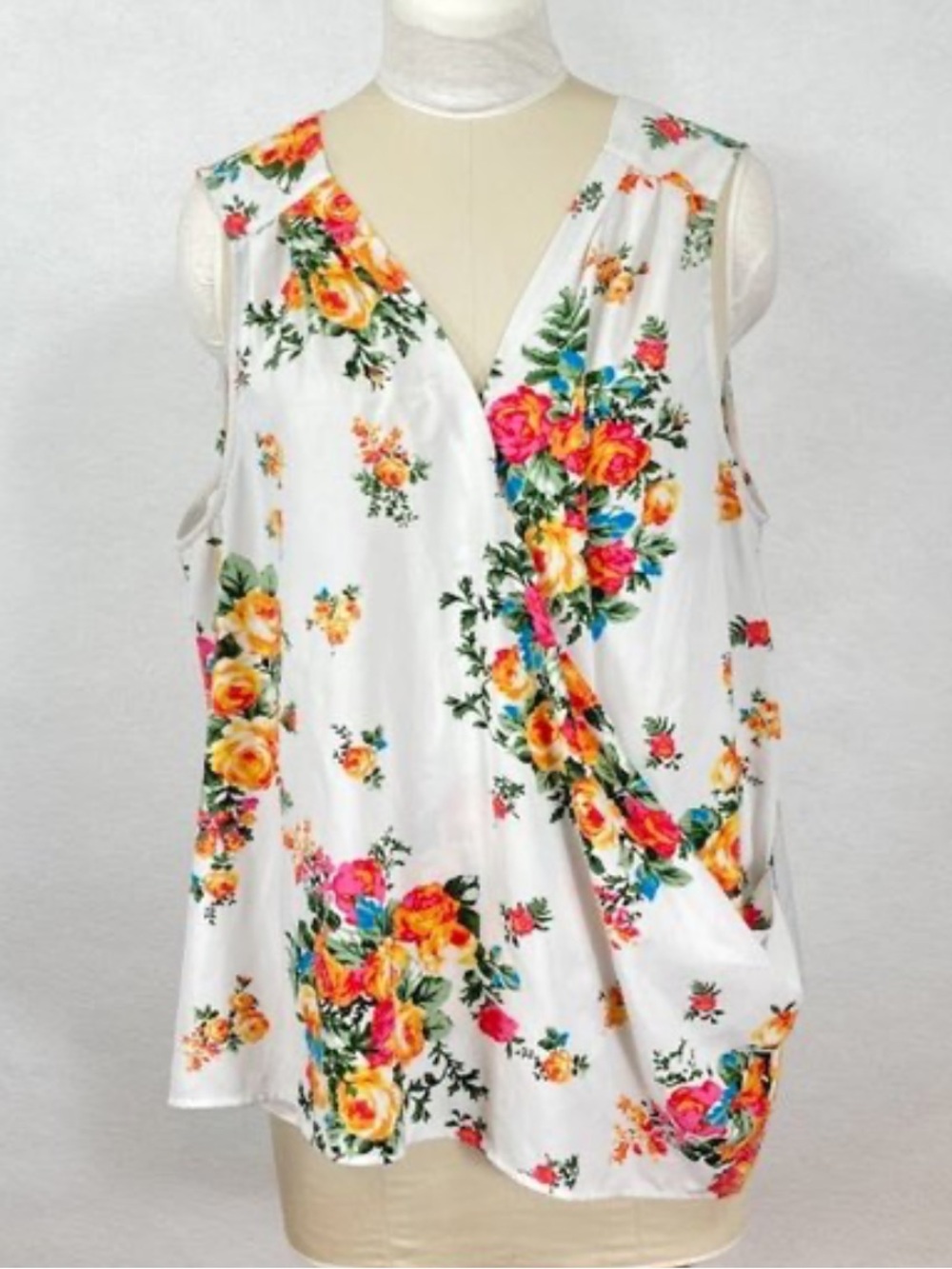 Plus size 1X ModCloth Women's Cream Floral Tank Top - Pink & Yellow Rose Print